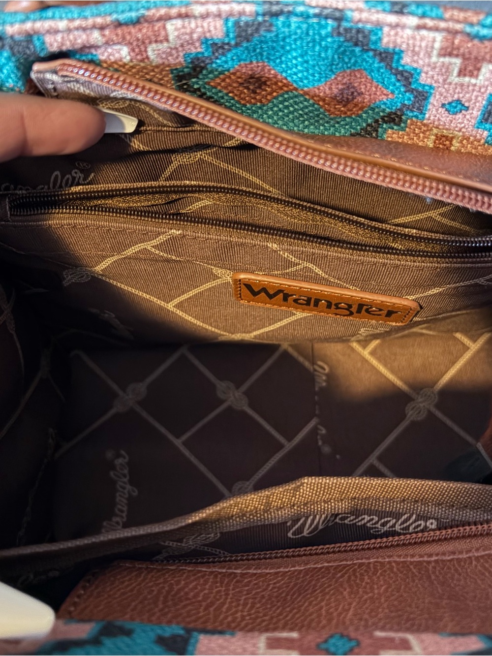 Wrangler Turquoise and Brown Southwestern Pattern Satchel with Embroidered Strap - Picture 5 of 6